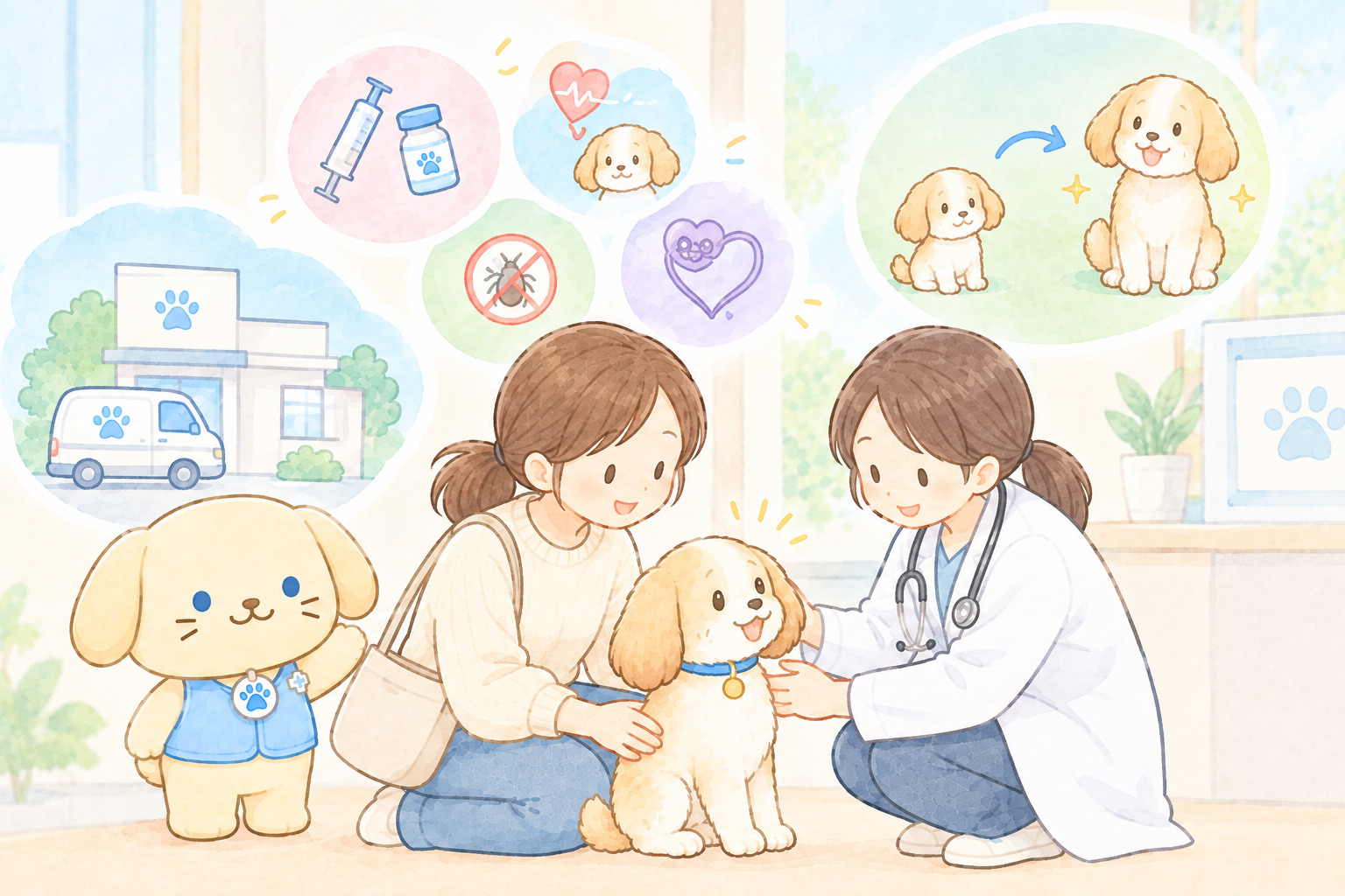 飼い主とワンちゃんに寄り添う犬のキャラクターファミィくんと獣医師
