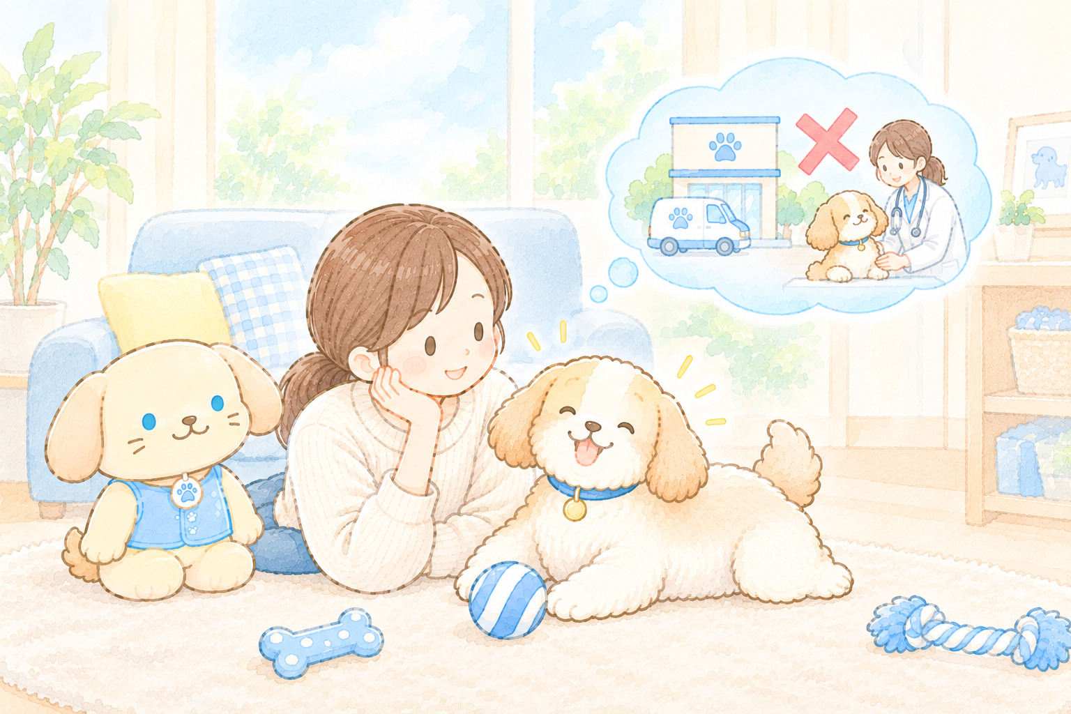 元気な犬と病院の必要性を感じていない飼い主と犬のキャラクターファミィくん