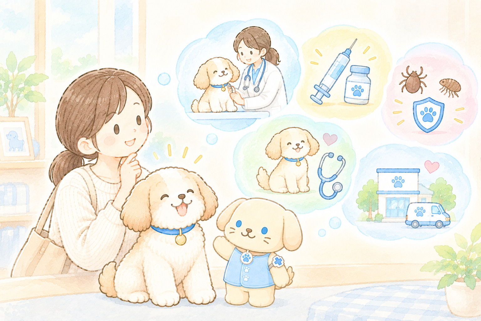 元気でも予防のために動物病院に行った飼い主と犬と犬のキャラクターファミィくん