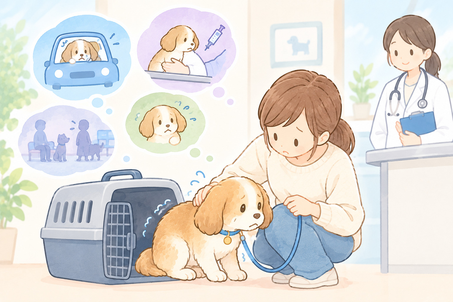 病院で怖がる犬と困っている飼い主とそれを見守る獣医師